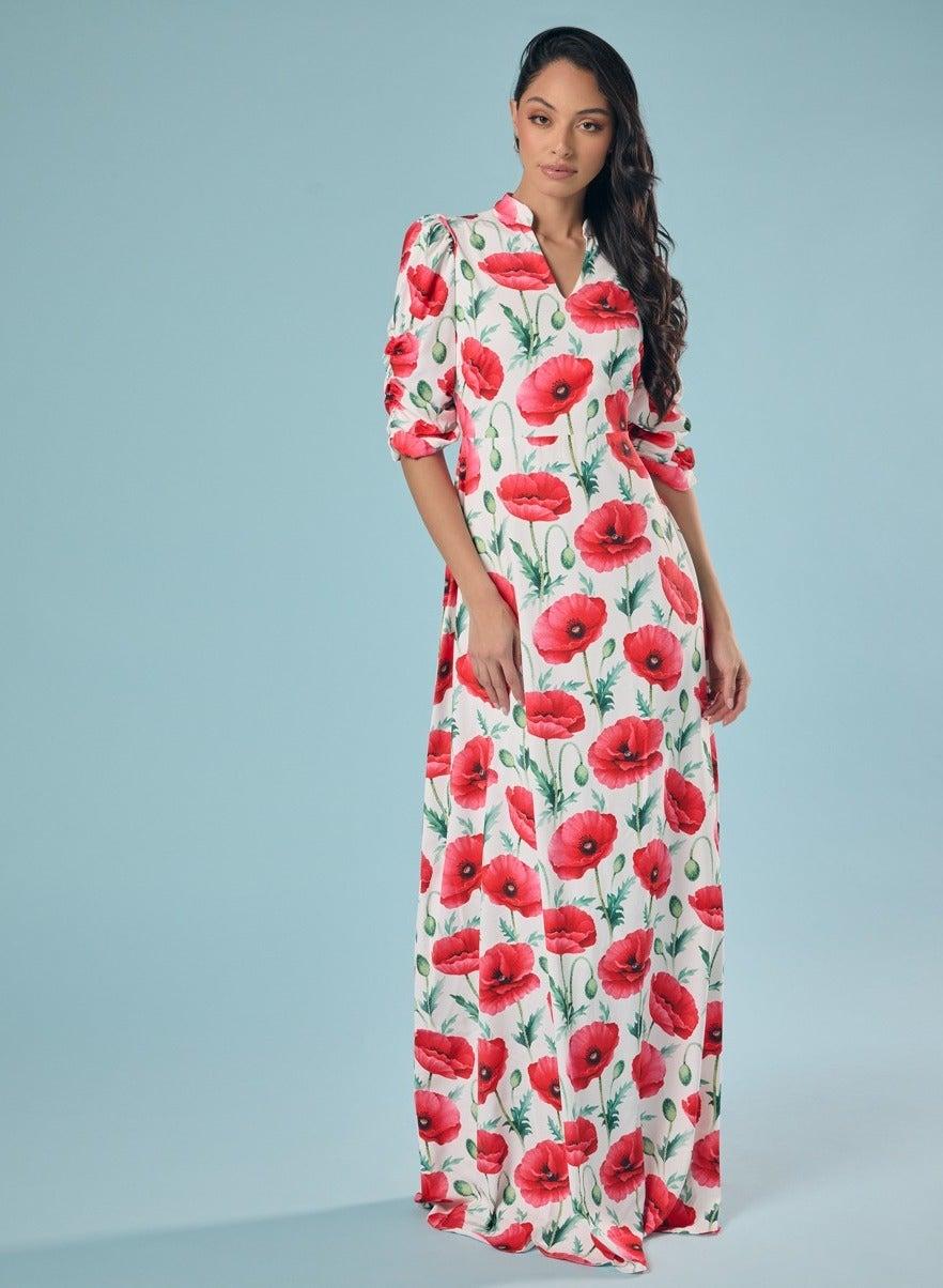 V-Neck Tulip Printed Chiffon Maxi Dress - Image 1
