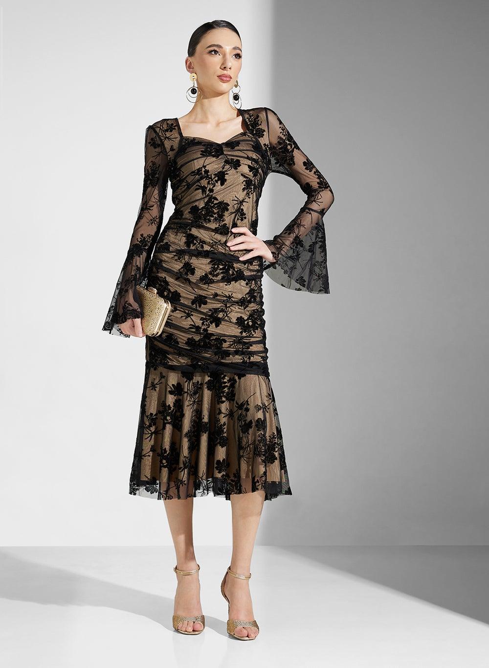 Burnout Floral Ruched Midi Dress - Image 1