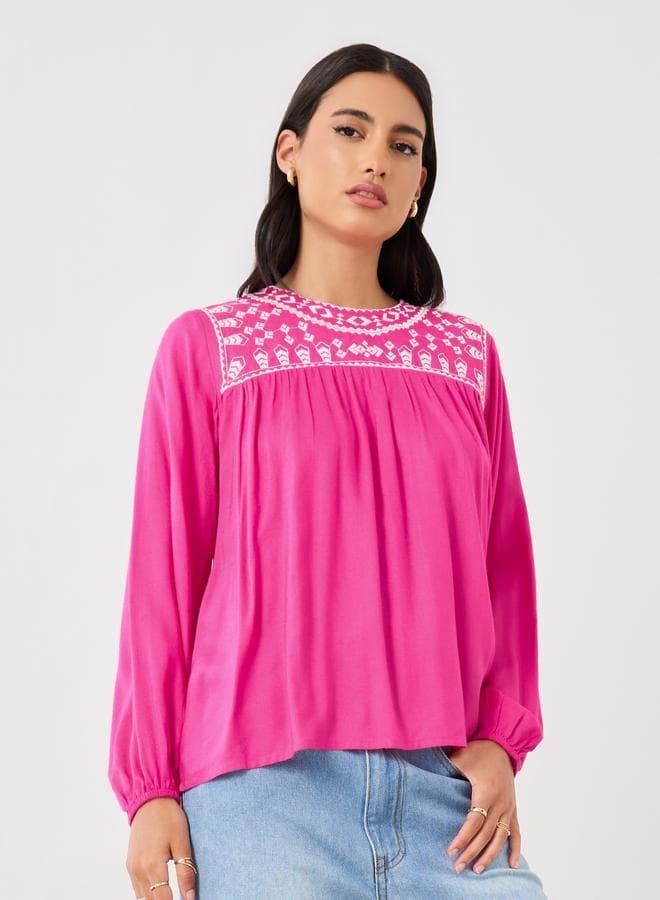 Styli Pink Embroidered Relaxed Fit Blouse - Image 1