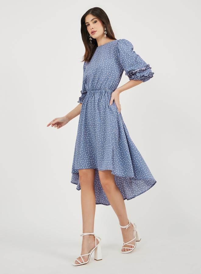Polka Dot Asymmetric Hem Puff Sleeve Midi Dress - Image 1