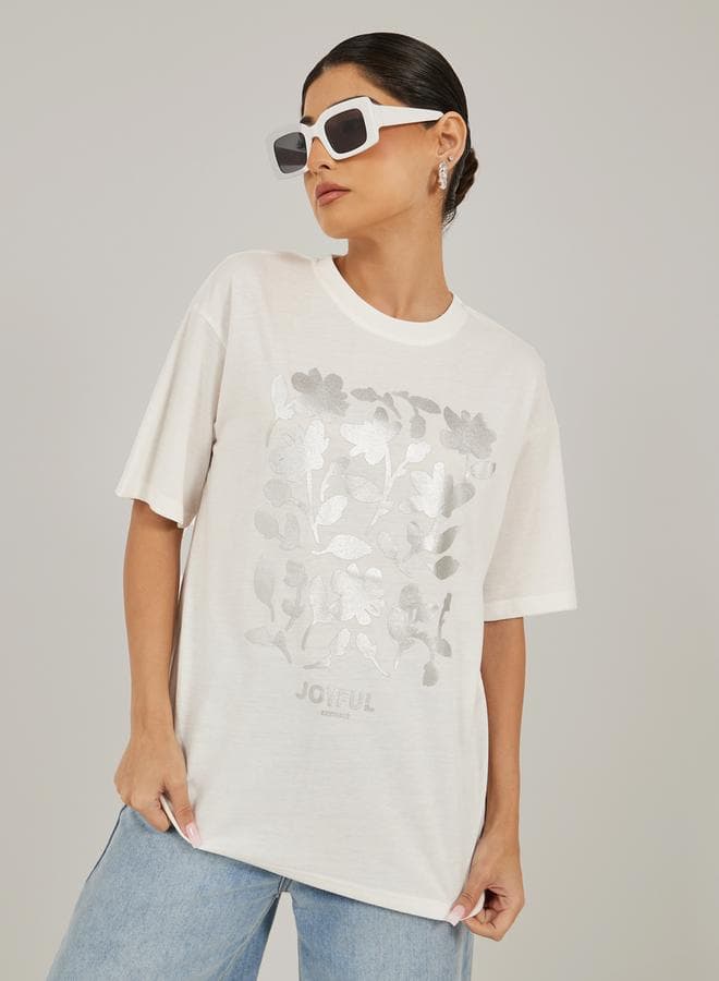 Styli Floral Foil Oversized Round Neck T-Shirt - Image 1