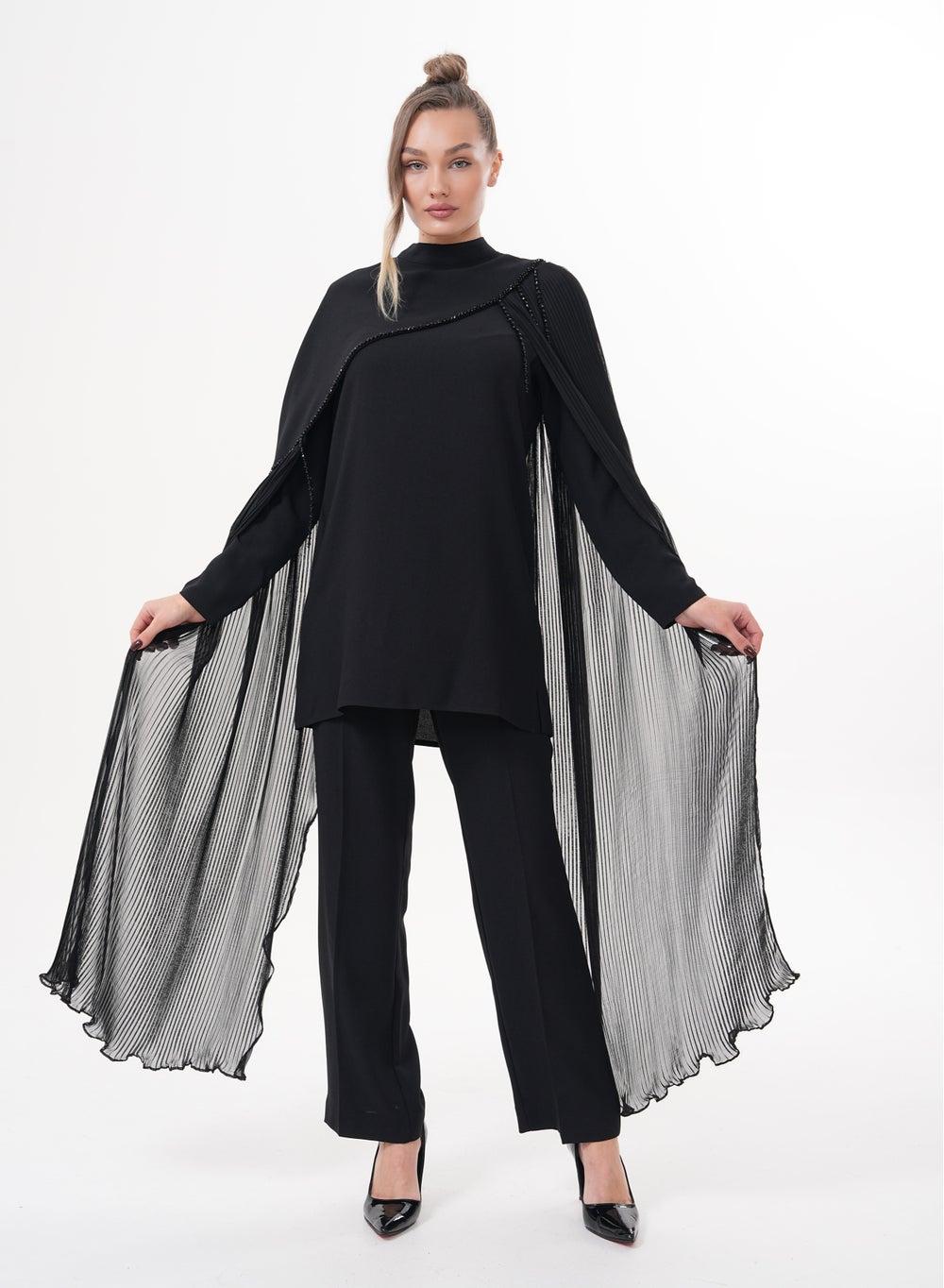 Elegant Pleated Cape Pantsuit Set - Image 1