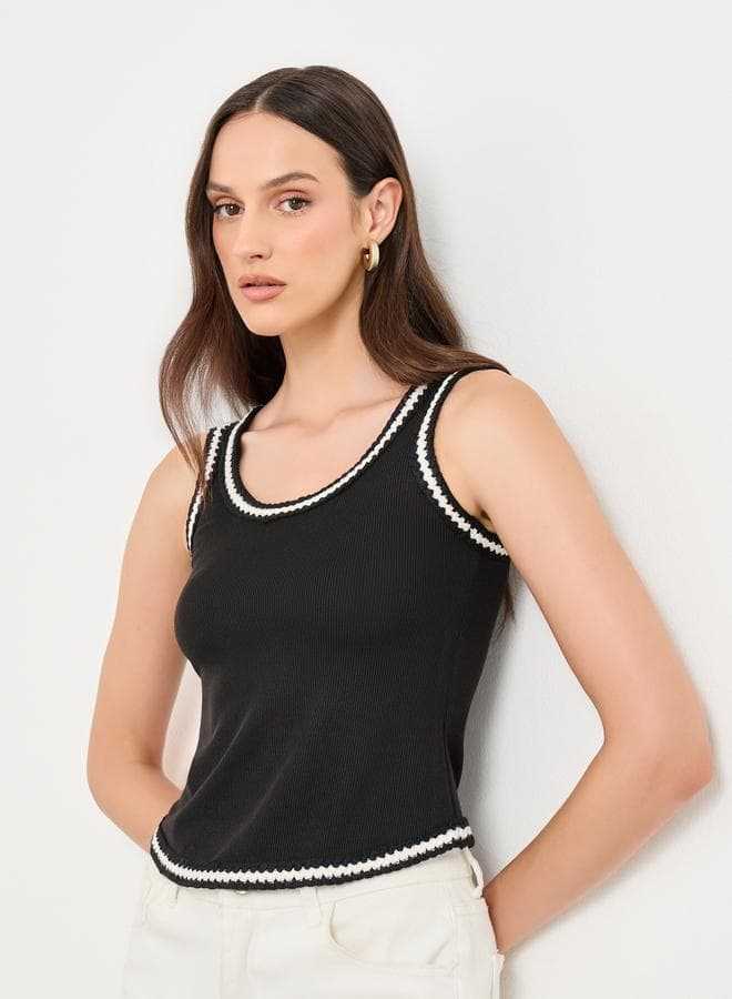 Black Ribbed Tank with Contrast Trim - Image 1