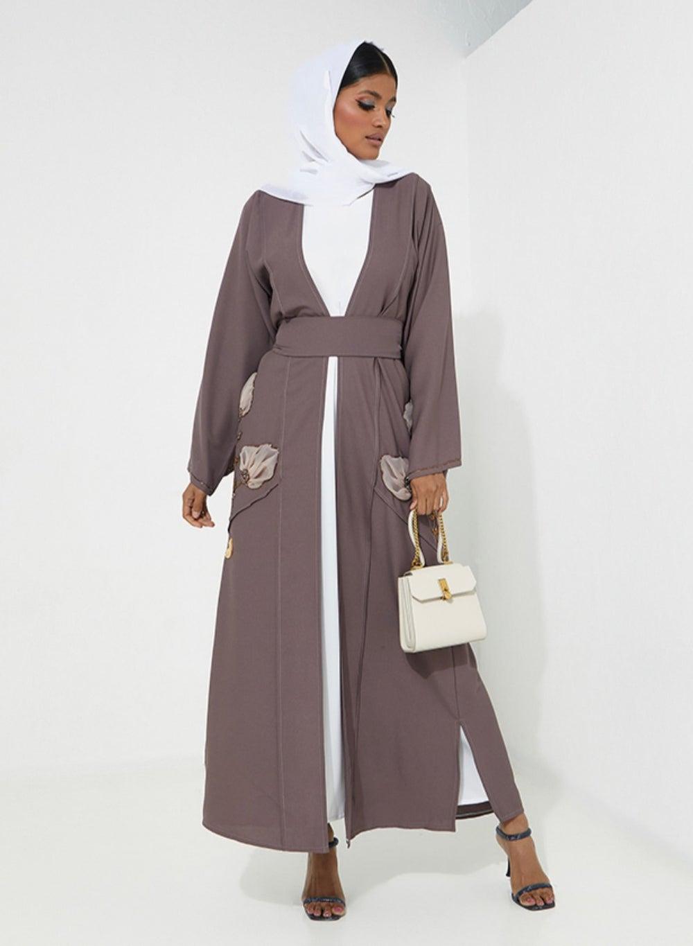 Embellished Organza Abaya with Flower Embroidery - Image 1
