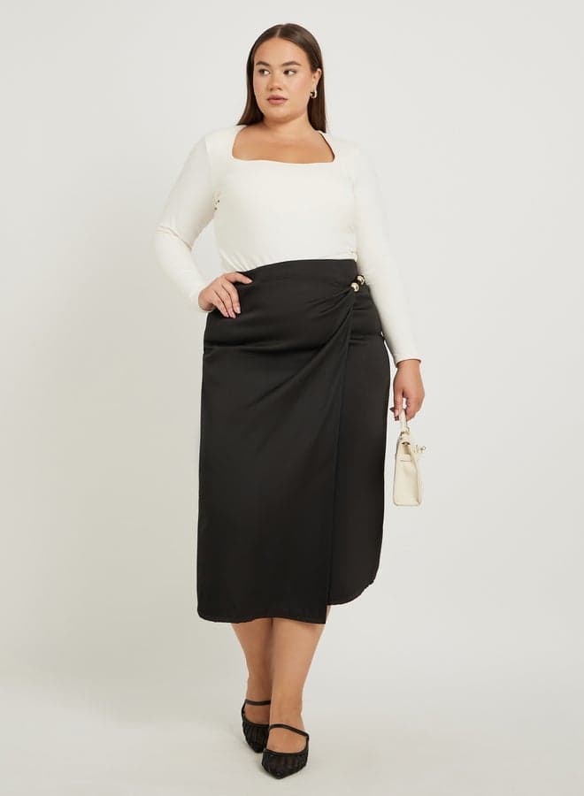 Plus Size Wrap-Look A-Line Skirt with Bead Detail - Image 1