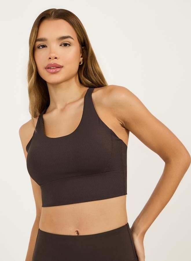 Rib Textured Multi Cross Straps Medium Support Sports Bra - Image 1