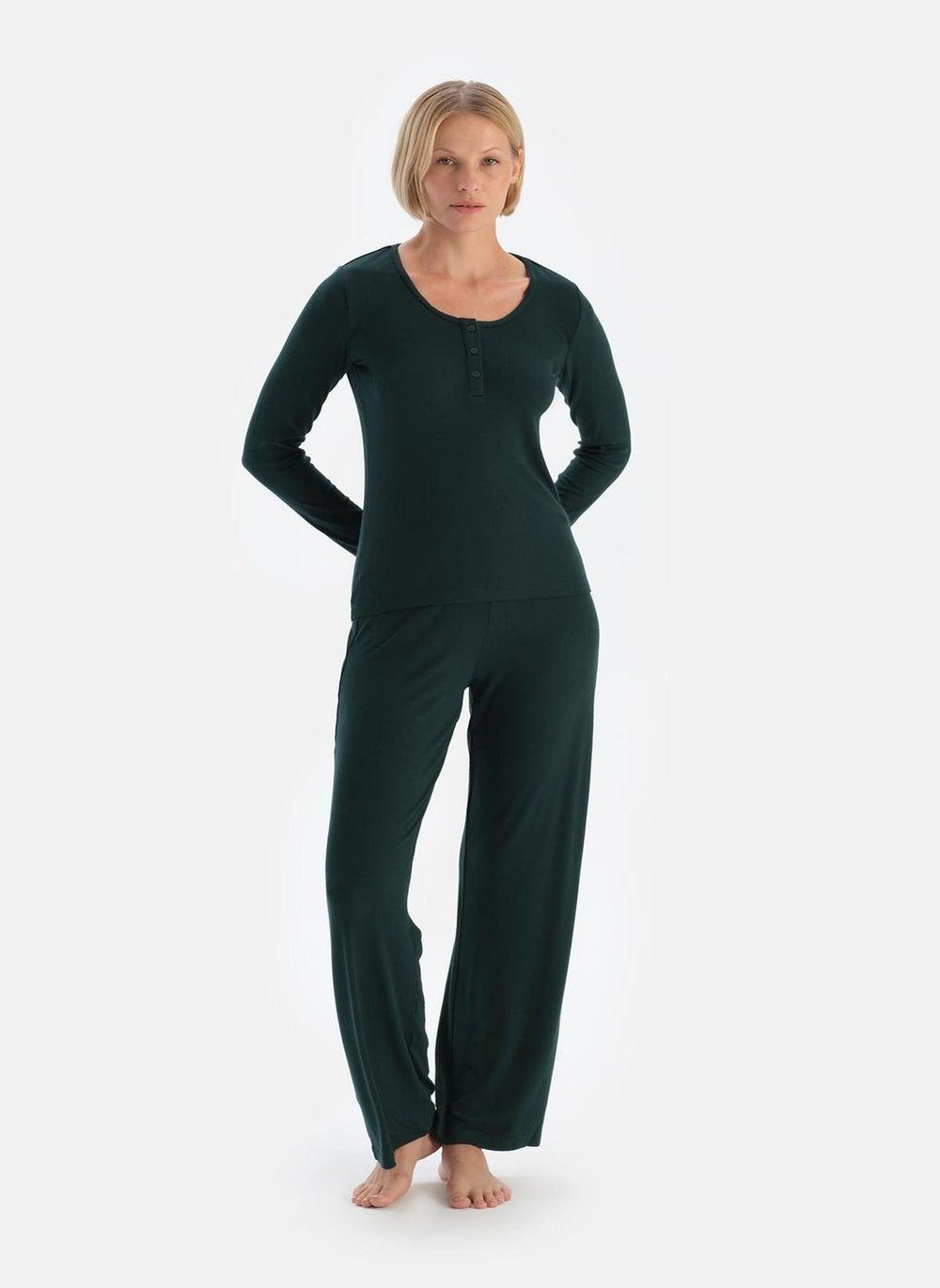 Green Viscose U-Neck Long Sleeve Pajama Set - Image 1