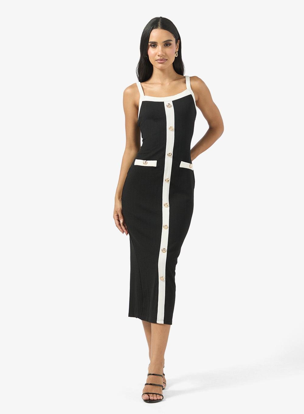 Classic Monochrome Button-Down Knitted Midi Dress - Image 1