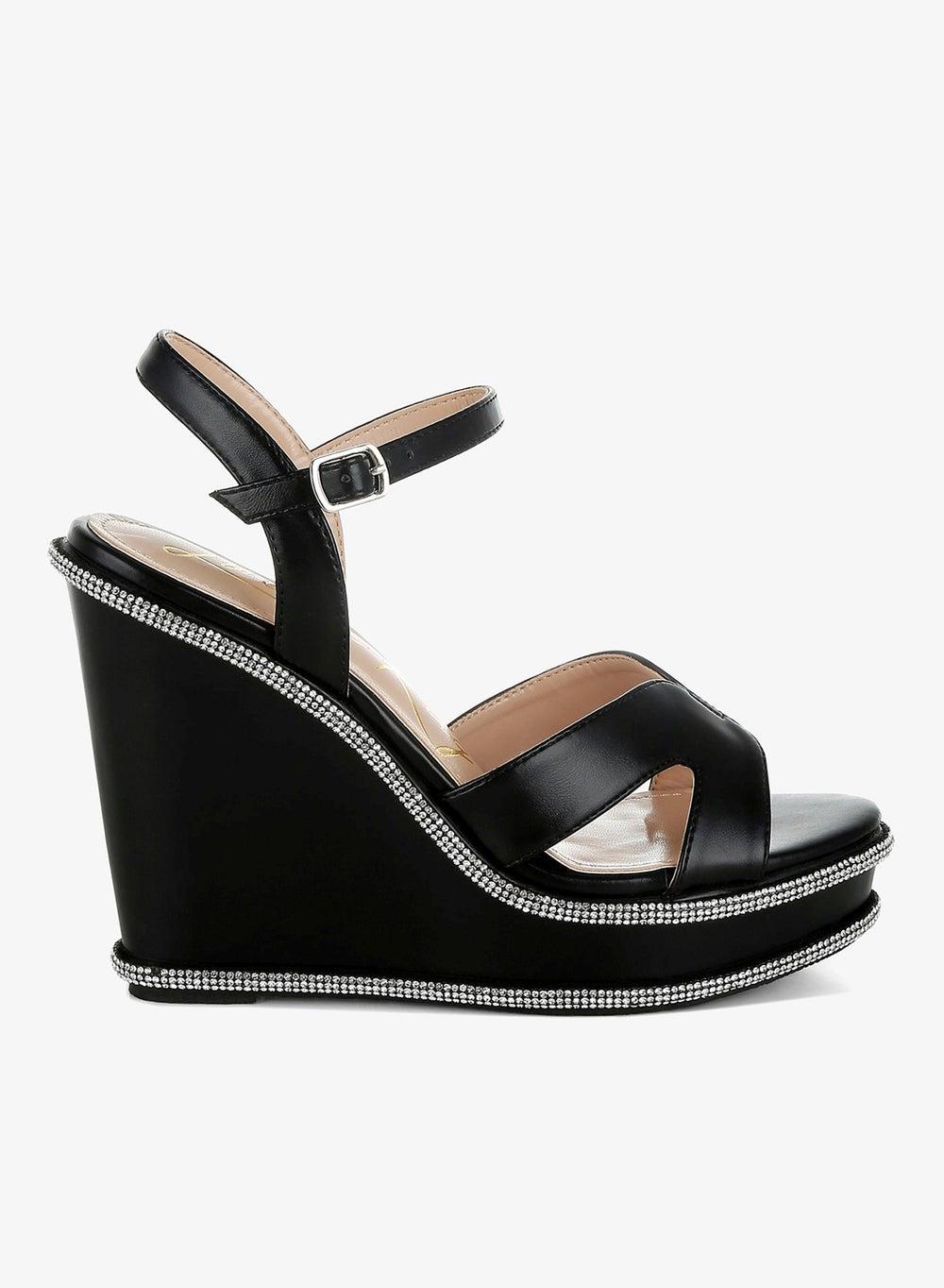 Black Embellished Wedge Sandals with Rhinestone Detail - Image 1