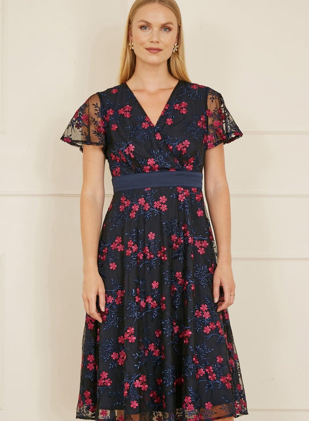 Floral Embroidered Navy Midi Dress with Flutter Sleeves - Image 1