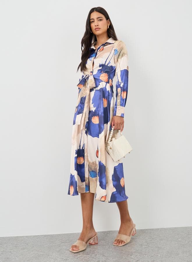 Blue Floral Midi Dress with Tie Waist - Image 1