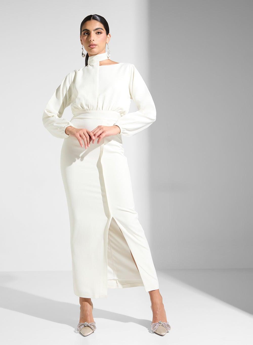 Ivory Maxi Dress with High Neck and Front Slit - Image 1