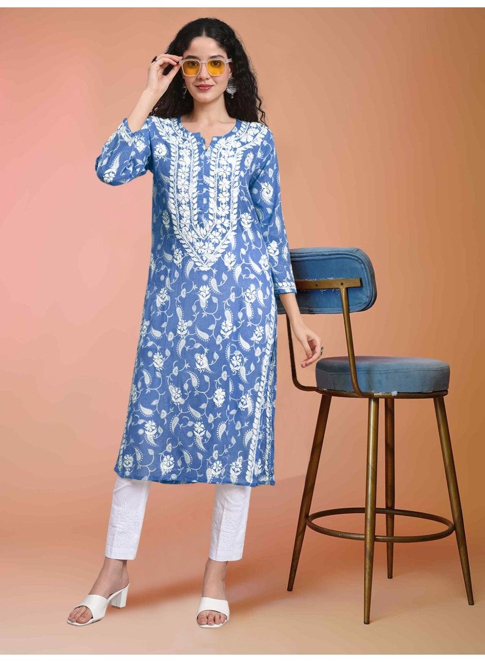 Hand Embroidered Chikankari Mulmul Cotton Kurta AL4072 - Image 1