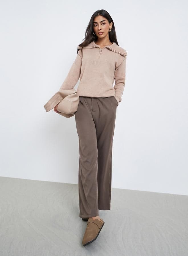 Styli Beige Regular Fit Half-Zip Knit Sweater - Image 1