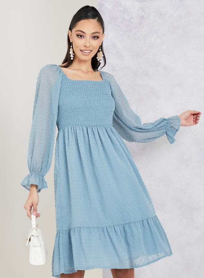 Styli Dobby Smocked A-Line Knee Length Dress - Image 1