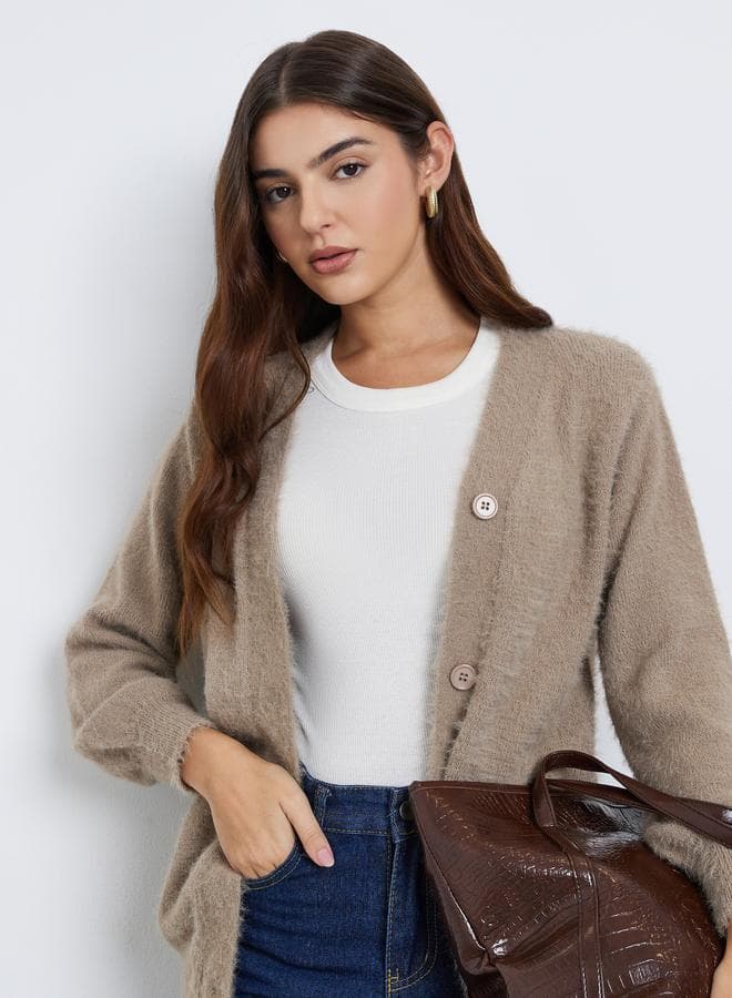 Beige Regular Fit Fuzzy Yarn Longline Cardigan - Image 1