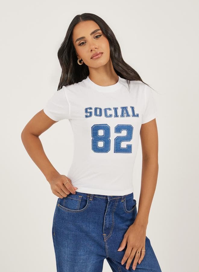 Denim Applique Fitted Cropped T-Shirt - Image 1