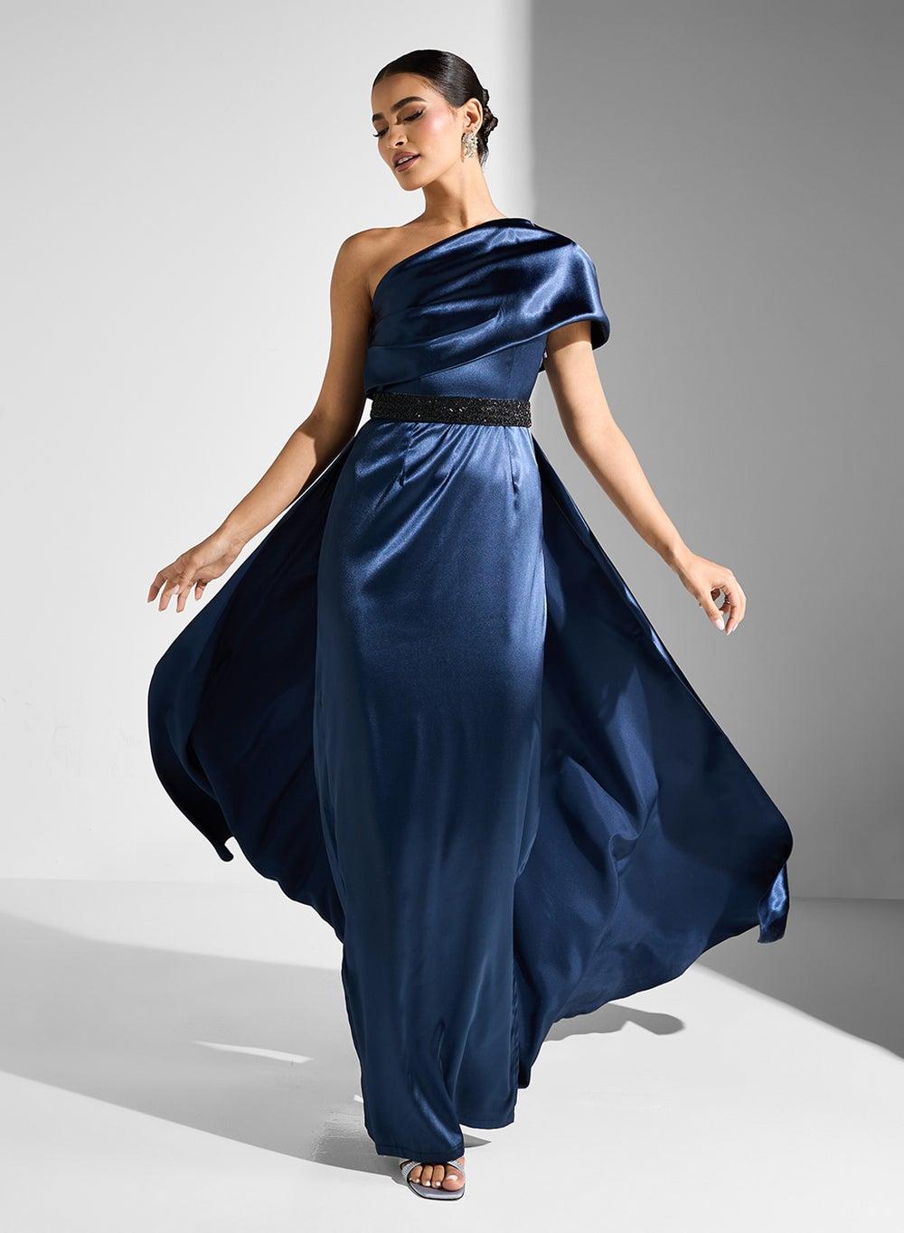 Navy Satin One-Shoulder Maxi Dress - Image 1
