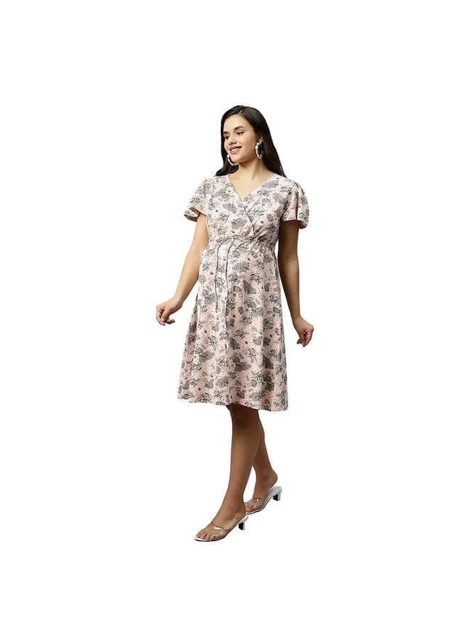 Pink Floral Print A-Line Midi Dress - Image 1