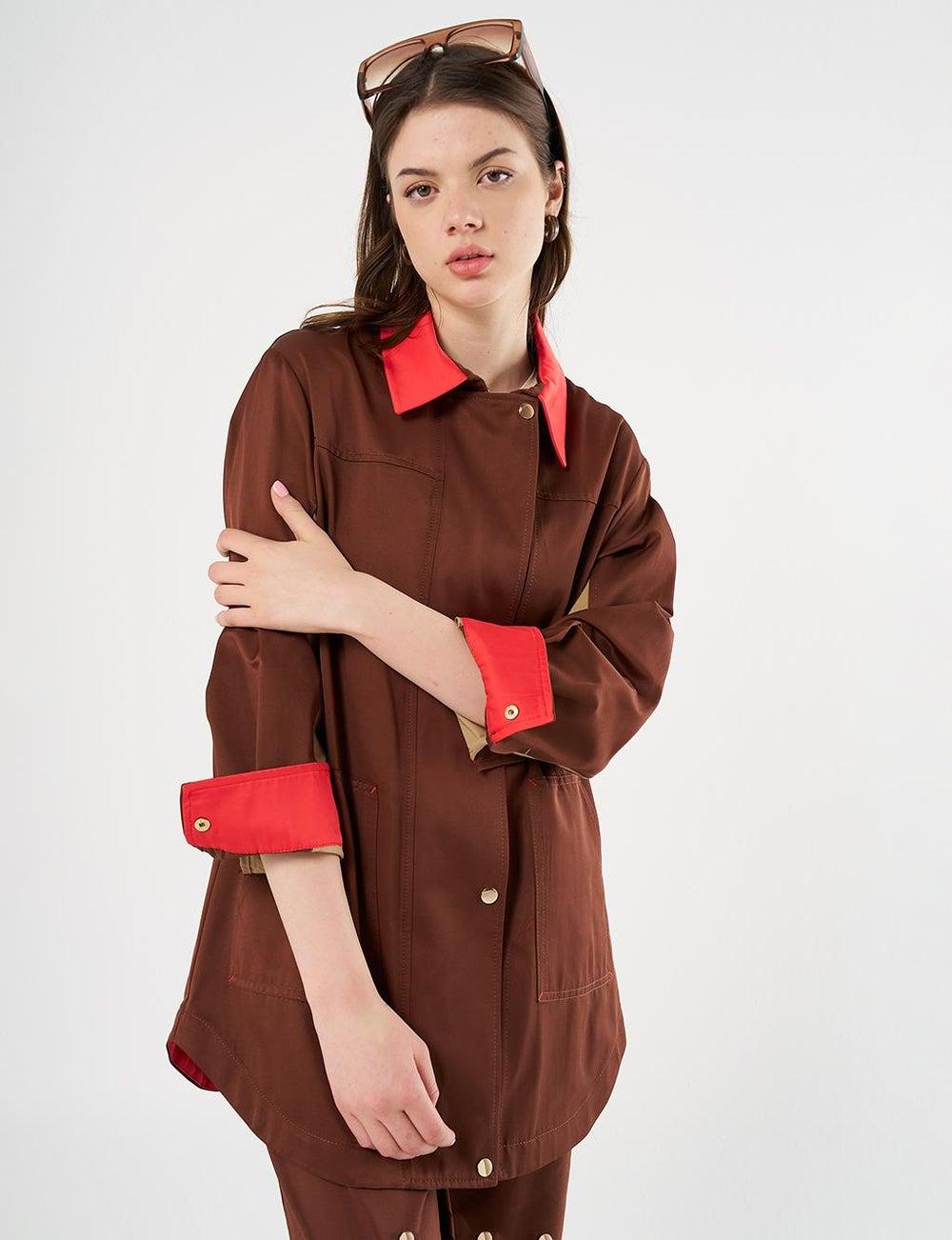 Brown Color Blocked Jacket with Shirt Collar - Image 1