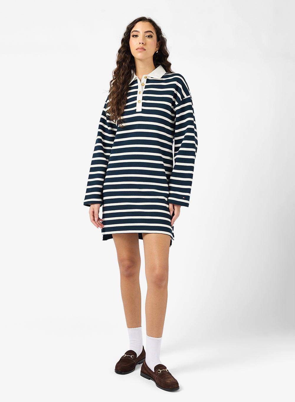 Stripe Print Collar Neck Mini Rugby Dress - Image 1