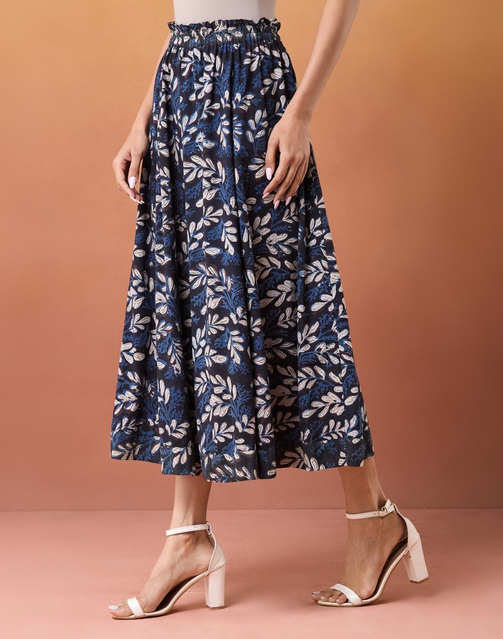 Blue Cotton Bagru Printed Maxi Skirt - Image 1