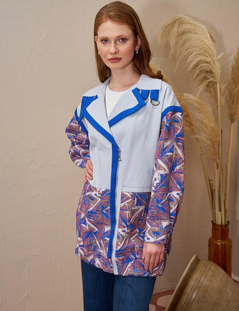 Jacquard Trimmed Blue Denim Jacket with Zip Detail - Image 1