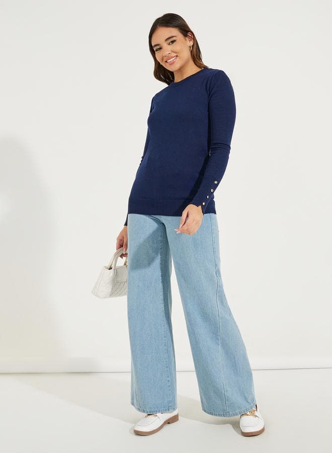 Slim Fit Round Neck Sweater with Button Cuff Detail - Image 1
