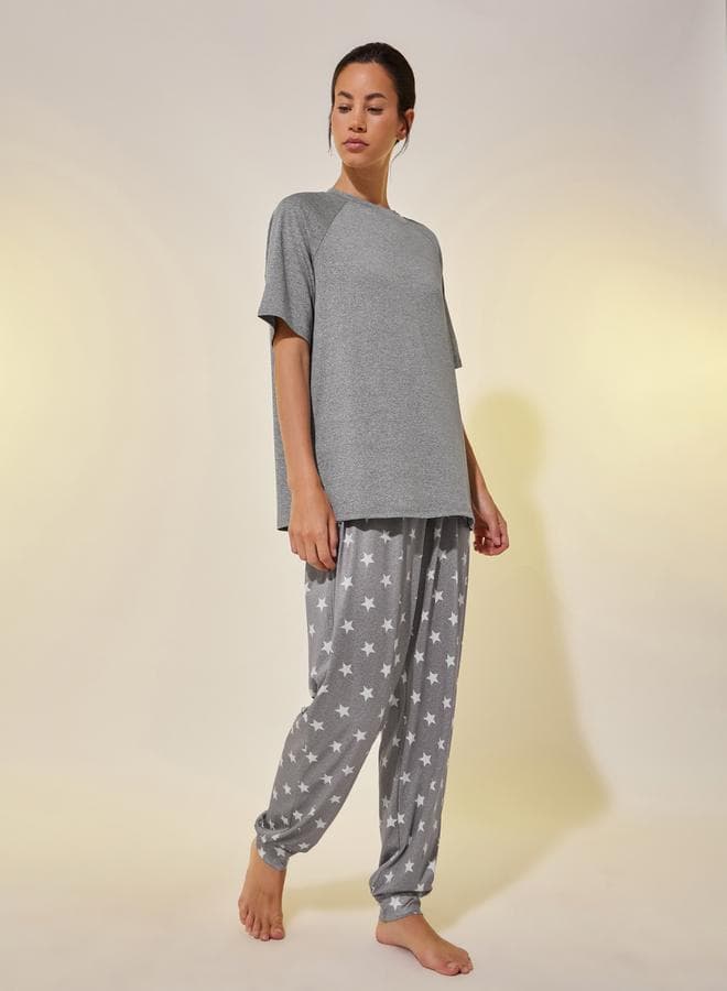 Round Neck Short Sleeve T-Shirt and Joggers Pyjama Set - Image 1