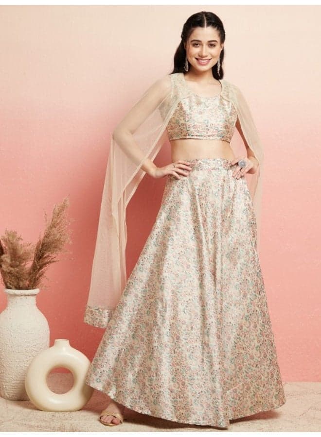 Cream Floral Lehenga with Cape Dupatta - Image 1