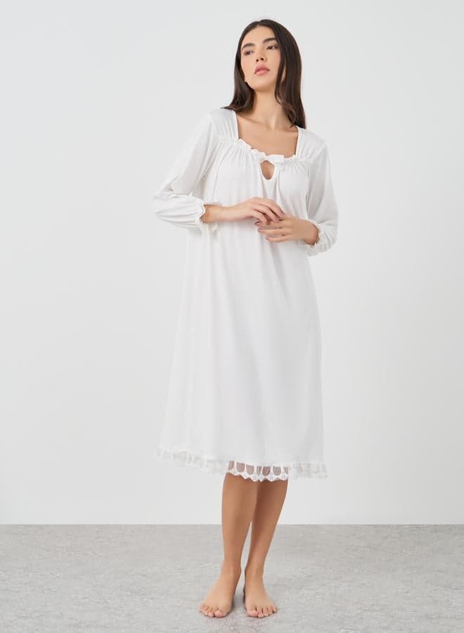 Take Two Solid Lace Trim Long Sleeve Nightdress - Image 1