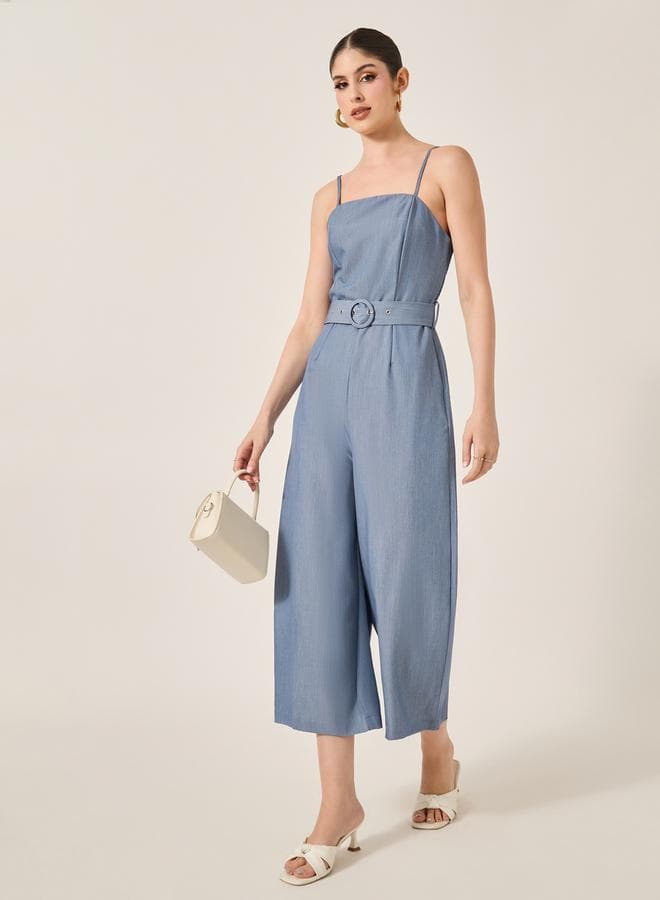 Smocked Back Belted Strappy Wide Leg Jumpsuit - Image 1