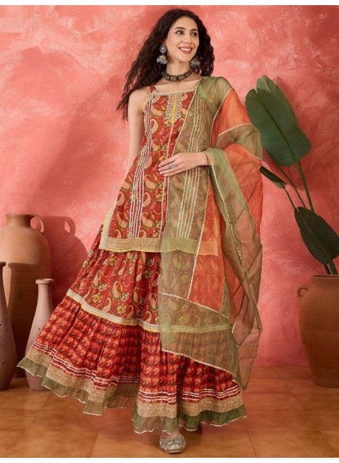 Red Tiered Skirt Kurta Set with Dupatta - Image 1