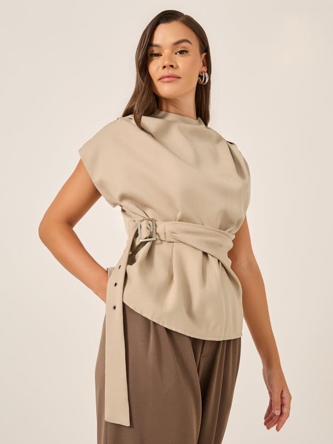 Styli High Neck Sleeveless Top with Belt Detail - Image 1