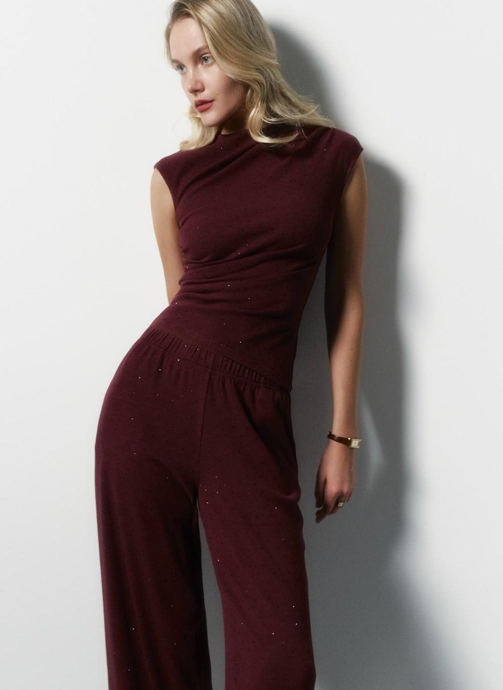 Ribbed Jersey Top with Gathers and Rhinestones - Image 1