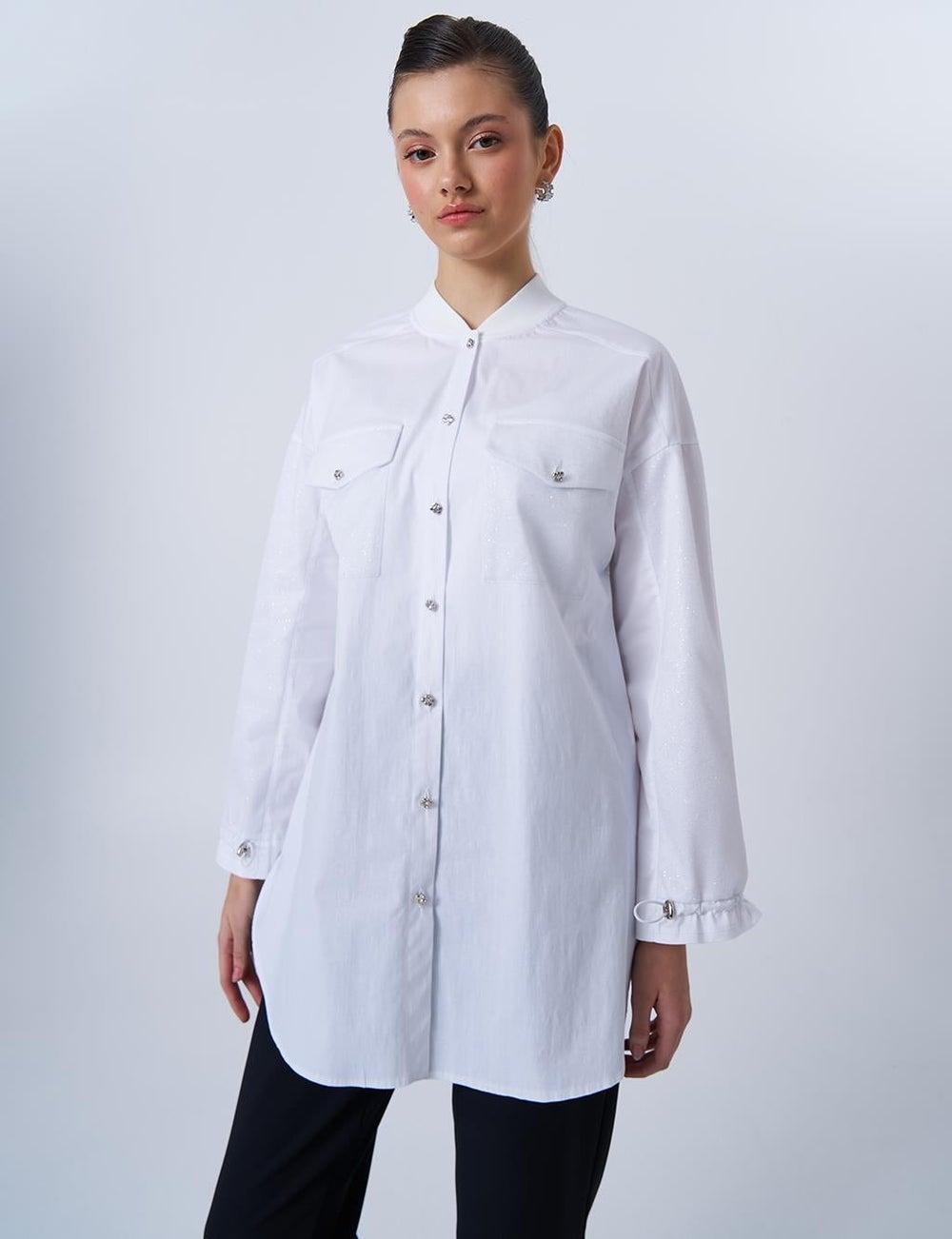 Glitter Detailed Poplin Tunic in Optical White - Image 1