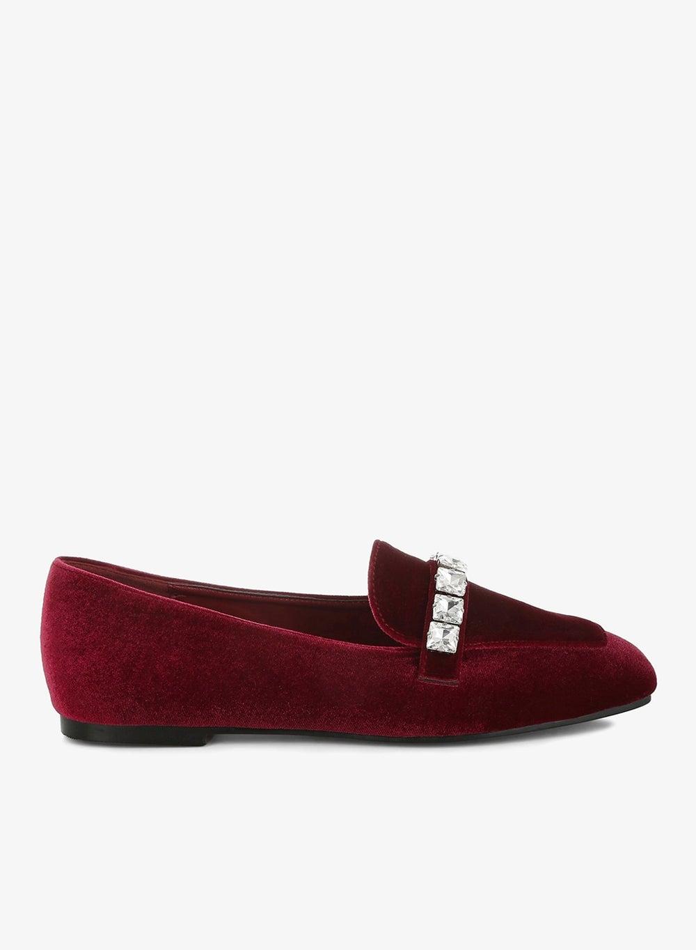 Dark Red Velvet Diamante Strap Loafers - Image 1