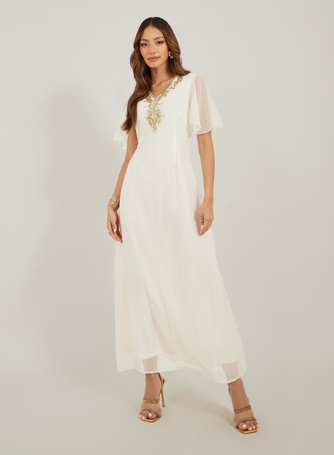 Embellished Short Sleeve A-Line Maxi Dress - Image 1