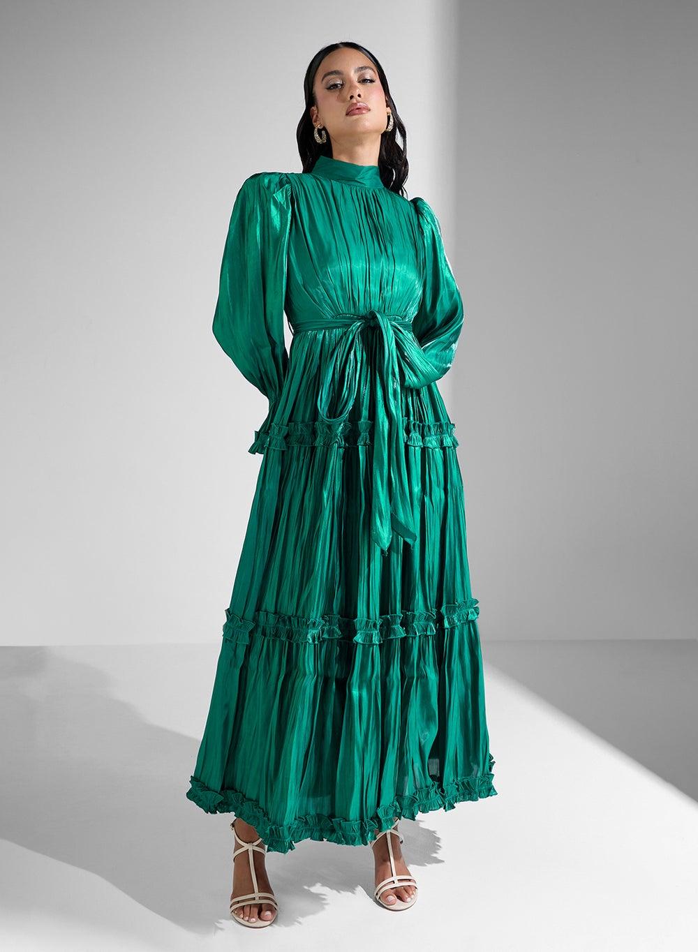 Emerald Tiered Long Sleeve Dress - Image 1