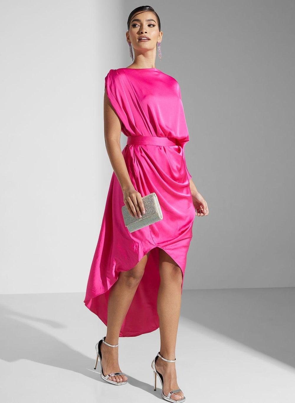 Fuchsia Satin Tulip Hem Dress - Image 1