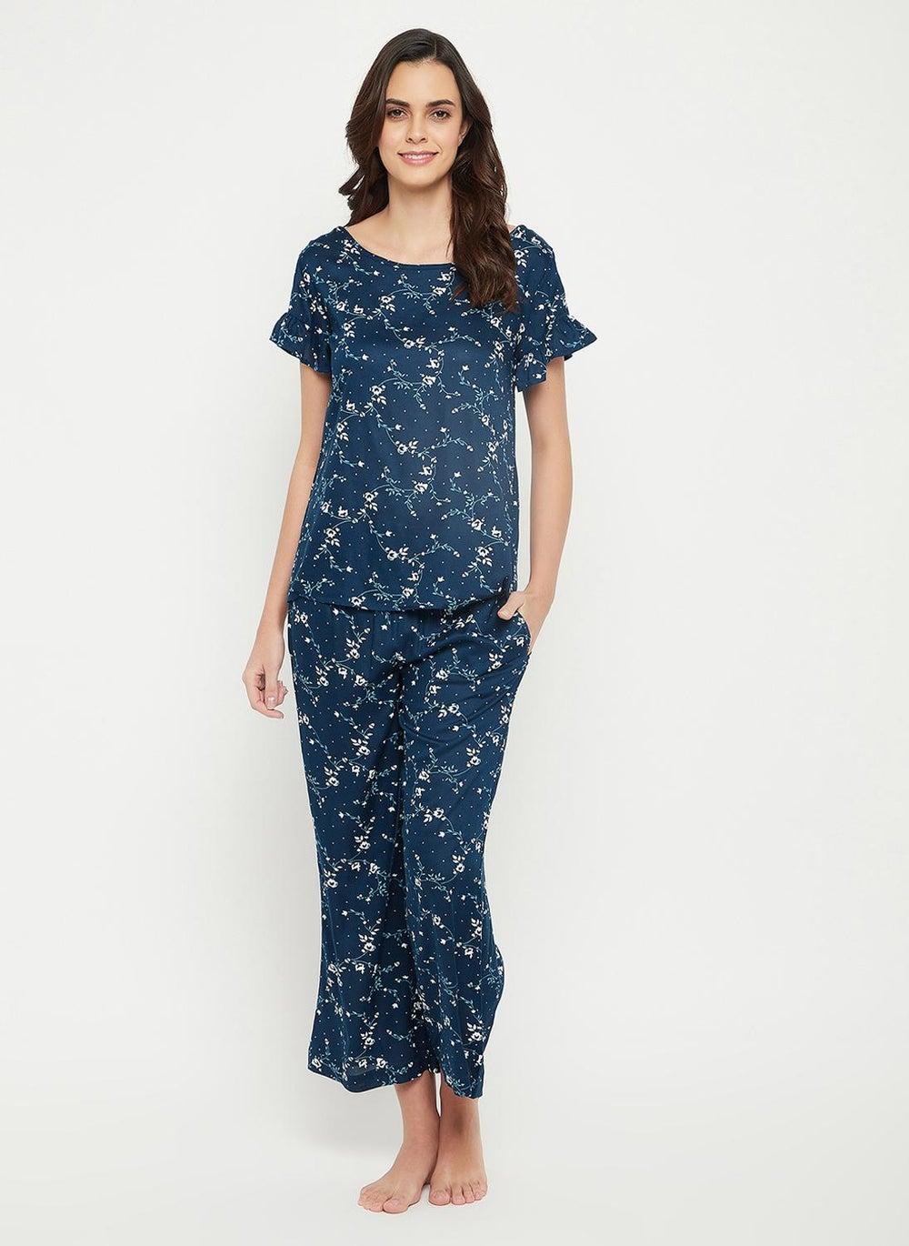 Clovia Pretty Florals Teal Blue Rayon Top & Pyjama Set - Image 1