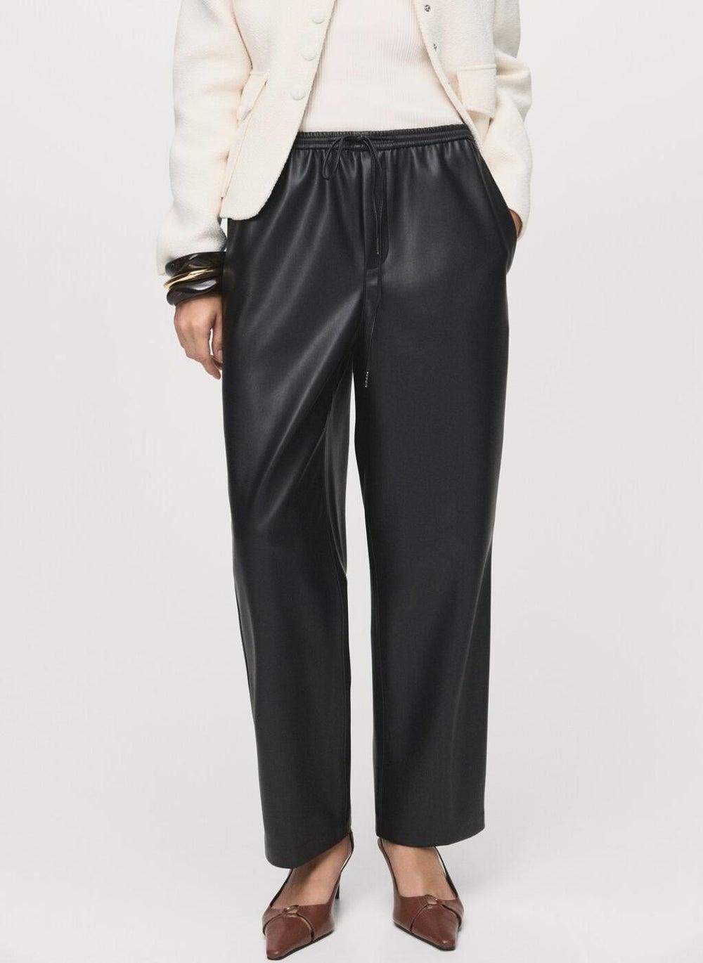 Leather-Effect Elastic Waist Straight Trousers - Image 1