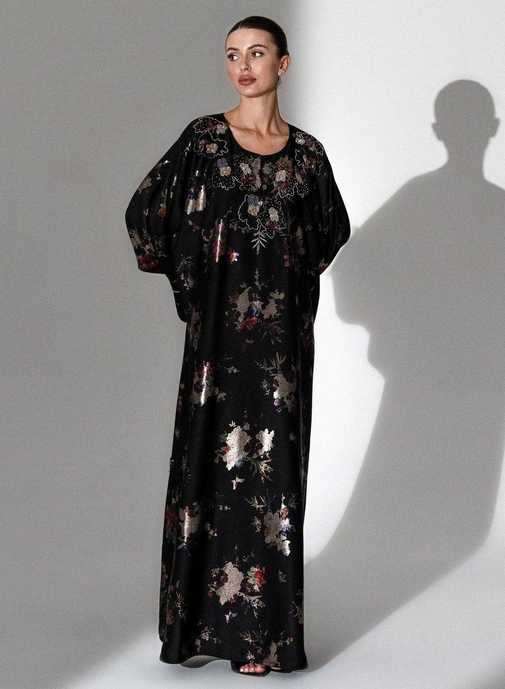 Closed Embellished Kaftaan Abaya with Handwork Neckline - Image 1
