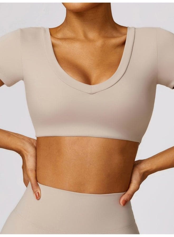 Women's Crop Top Yoga Shirt with Removable Built-In Bra - Image 1