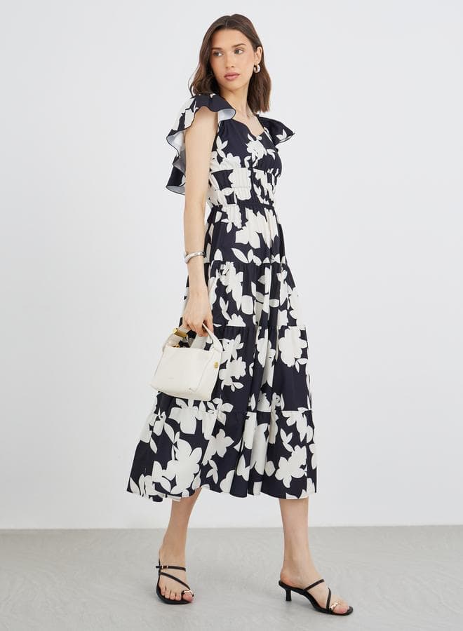 Floral Print Ruffle Sleeve A-Line Midi Dress - Image 1
