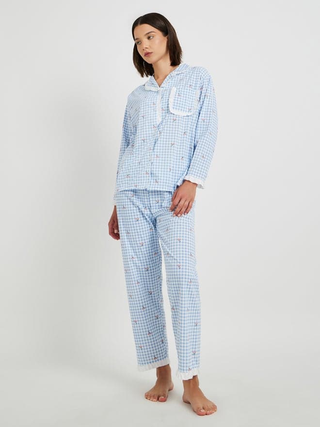 Checked Lace Trim Shirt and Pyjama Set - Image 1