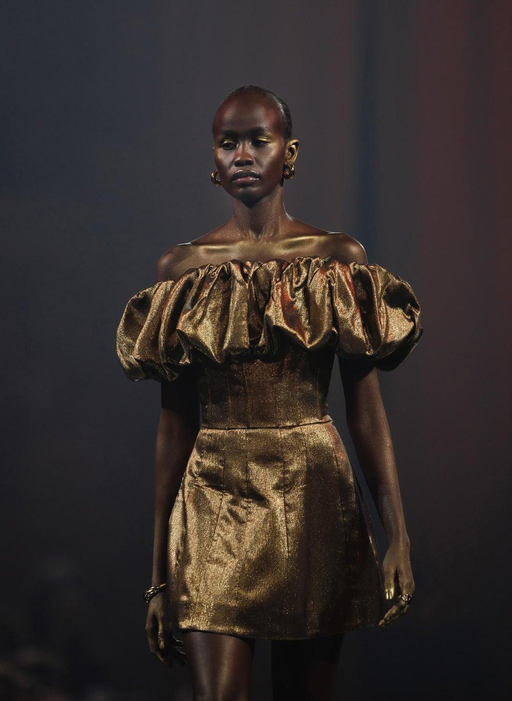 Metallic Mini Dress with Voluminous Bodice Detail - Image 1