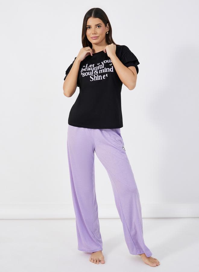 Slogan Print Ruffle Sleeve T-Shirt & Pants Pyjama Set - Image 1