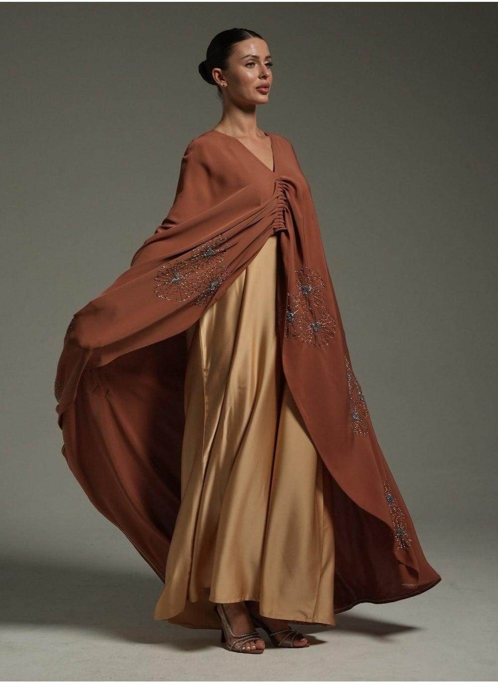 Rust Embellished Cape Abaya with Inner - Image 1