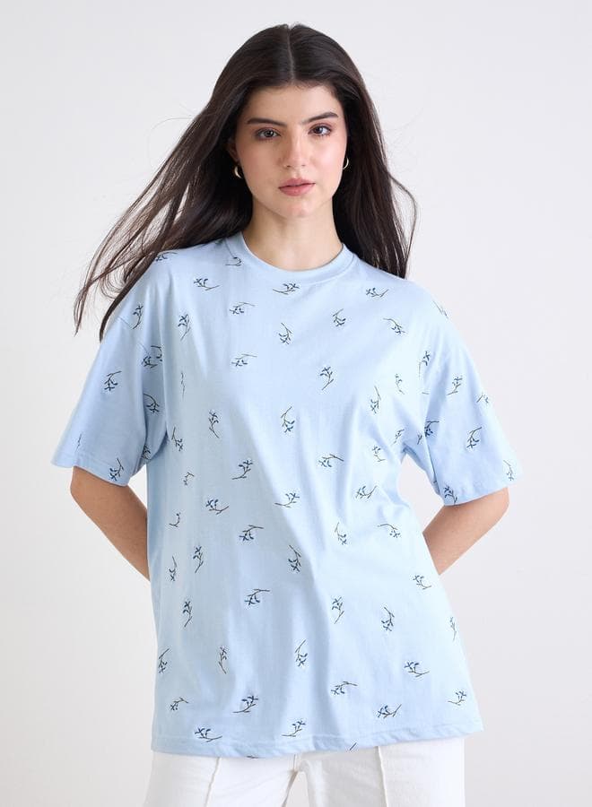 Blue Embroidered Floral Oversized T-Shirt - Image 1
